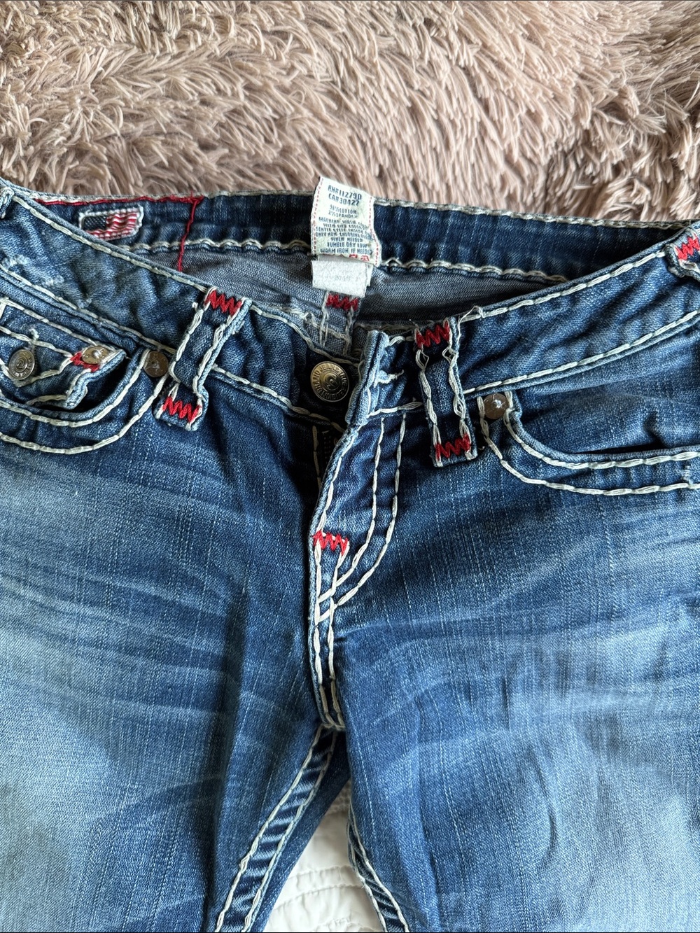 True Religion Women's Blue Denim Bootcut Jeans with Red Stitch Accents